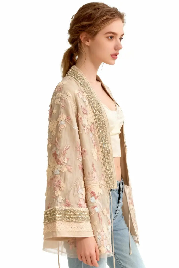 Beige Floral Embroidered Sheer Kimono Cardigan with Gold Sequin Trim - Women's Lightweight Summer Cover Up