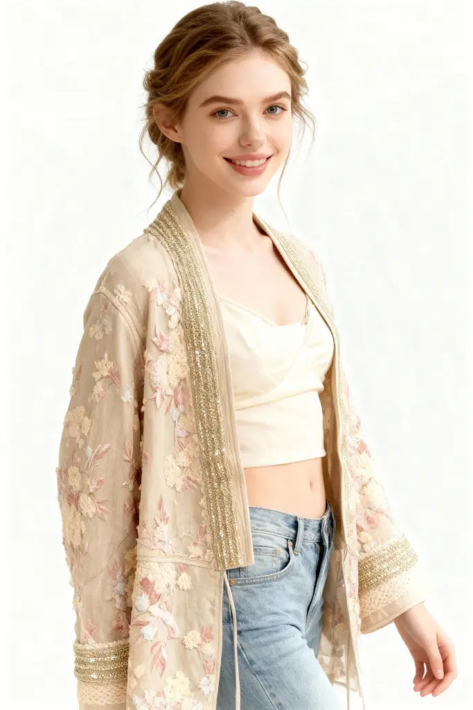 Beige Floral Embroidered Sheer Kimono Cardigan with Gold Sequin Trim - Women's Lightweight Summer Cover Up