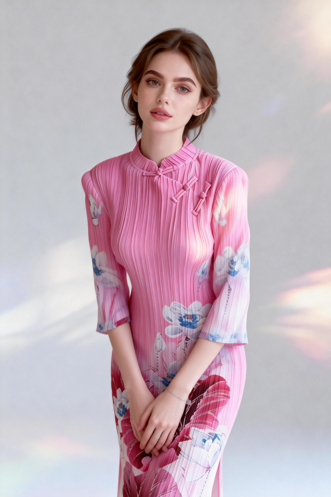 New Chinese Style Stand Collar Qipao Dress | Ink Wash Lotus Print Ruched Midi Dress | Elegant Slim-Fit Cheongsam