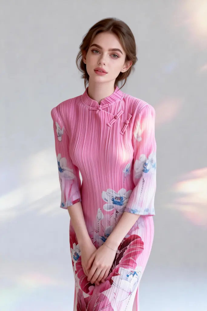 New Chinese Style Stand Collar Qipao Dress | Ink Wash Lotus Print Ruched Midi Dress | Elegant Slim-Fit Cheongsam