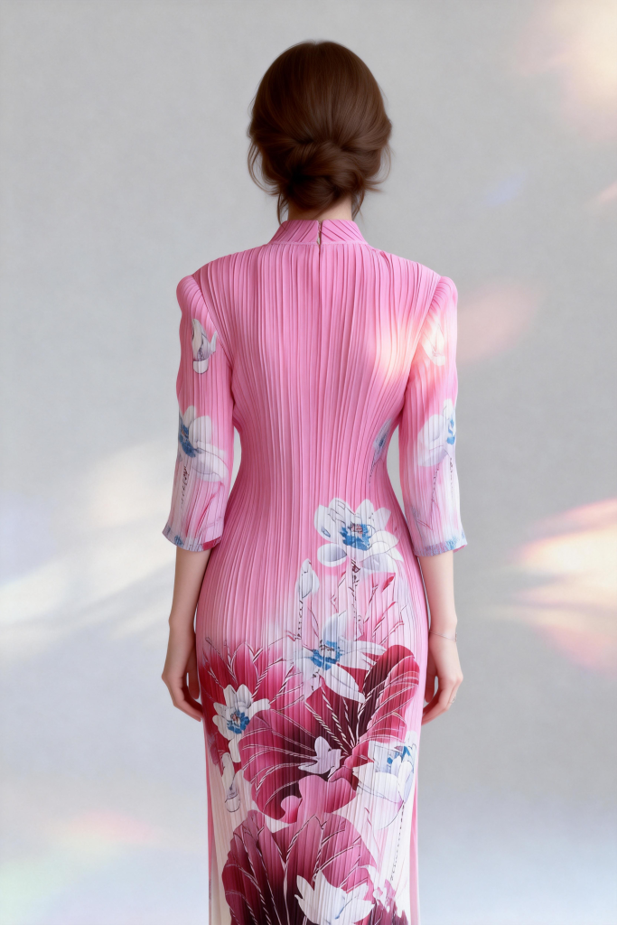 New Chinese Style Stand Collar Qipao Dress | Ink Wash Lotus Print Ruched Midi Dress | Elegant Slim-Fit Cheongsam