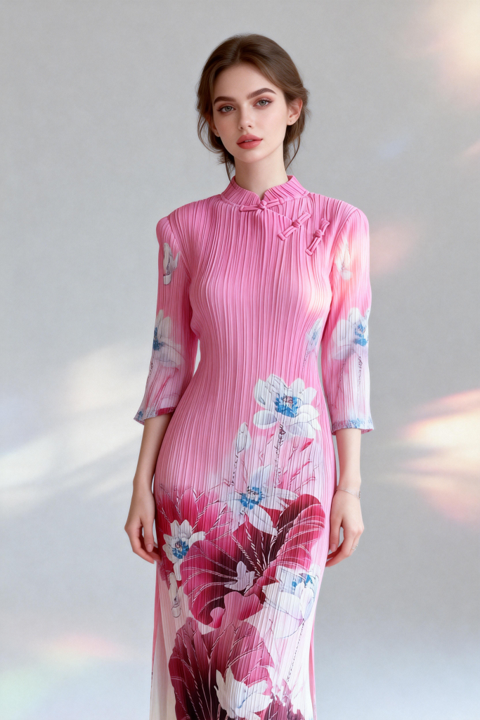 New Chinese Style Stand Collar Qipao Dress | Ink Wash Lotus Print Ruched Midi Dress | Elegant Slim-Fit Cheongsam