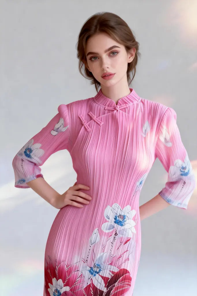 New Chinese Style Stand Collar Qipao Dress | Ink Wash Lotus Print Ruched Midi Dress | Elegant Slim-Fit Cheongsam