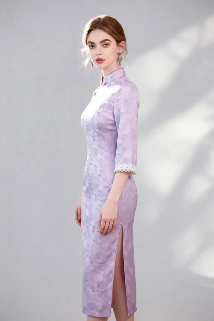 Elegant Purple Qipao Dress with Lace Cuffs