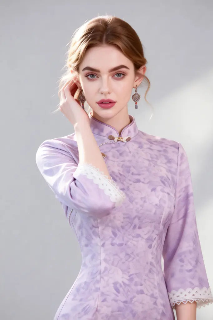 Elegant Purple Qipao Dress with Lace Cuffs