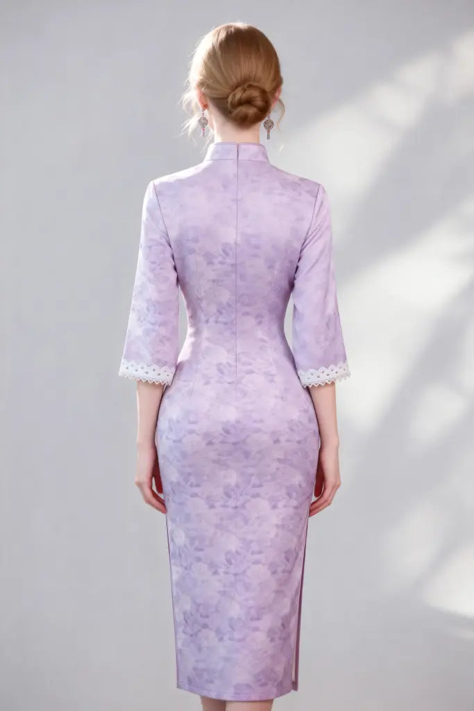 Elegant Purple Qipao Dress with Lace Cuffs
