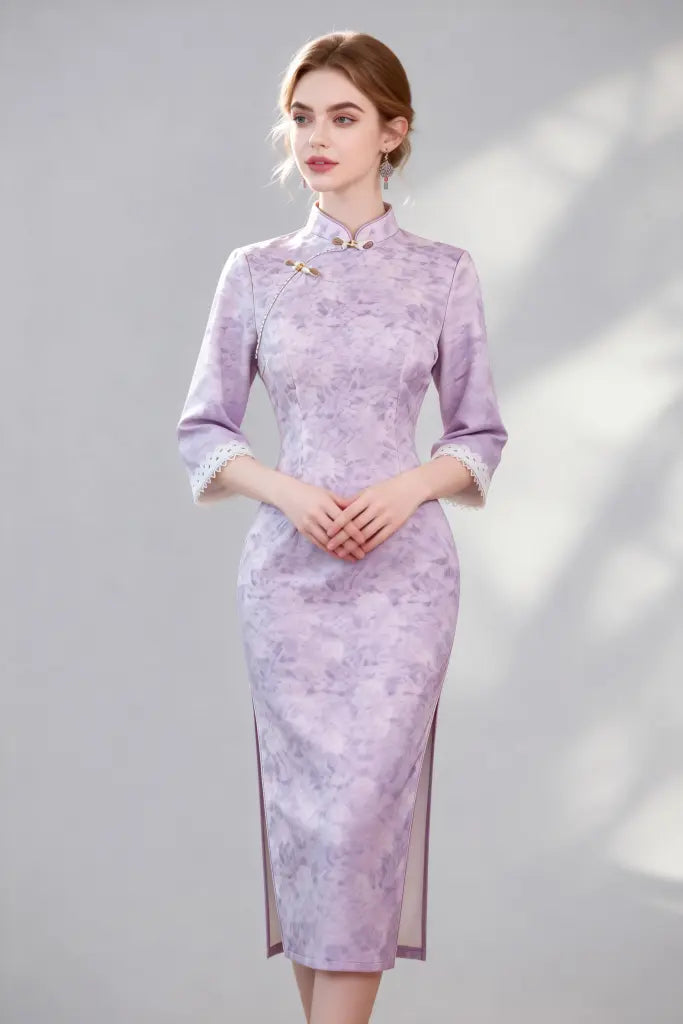 Elegant Purple Qipao Dress with Lace Cuffs