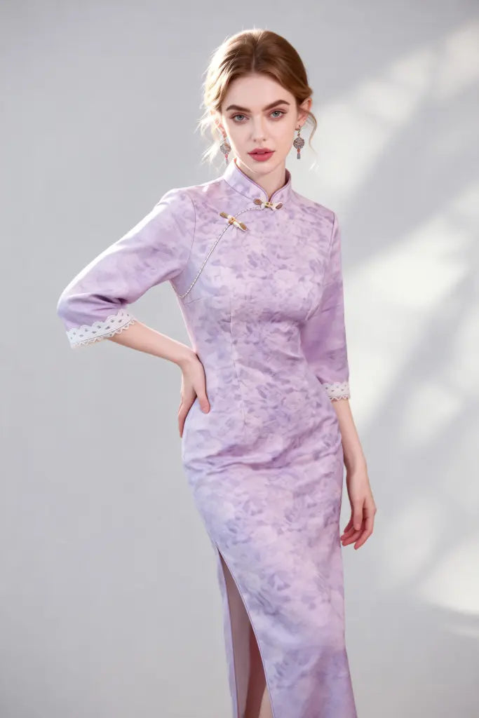 Elegant Purple Qipao Dress with Lace Cuffs
