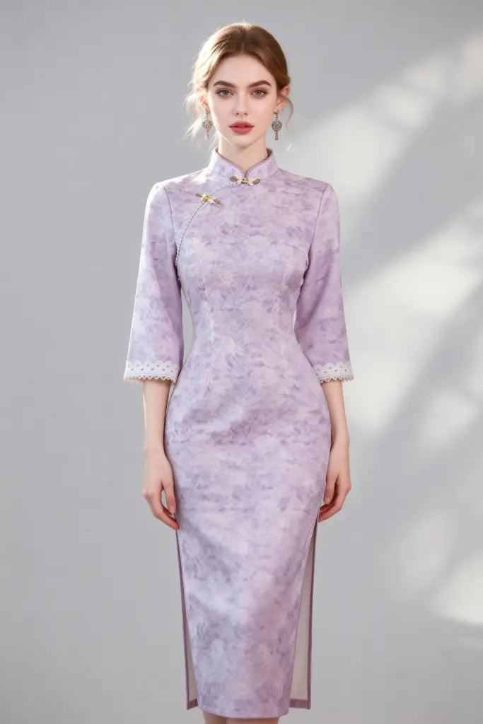 Elegant Purple Qipao Dress with Lace Cuffs