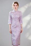 Elegant Purple Qipao Dress with Lace Cuffs