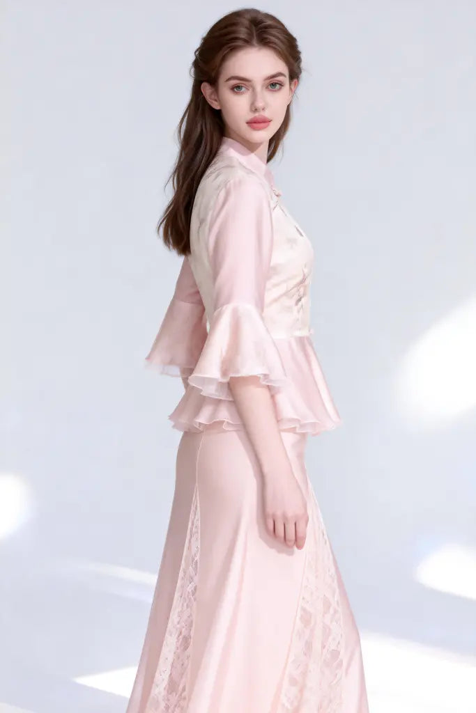 Woman Stand Collar Embroidered Ruffled Peplum Top with Lace Trimmed Skirt Set