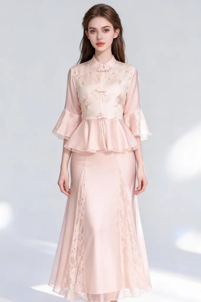 Woman Stand Collar Embroidered Ruffled Peplum Top with Lace Trimmed Skirt Set