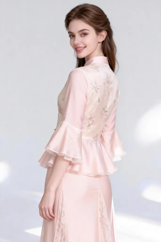Woman Stand Collar Embroidered Ruffled Peplum Top with Lace Trimmed Skirt Set