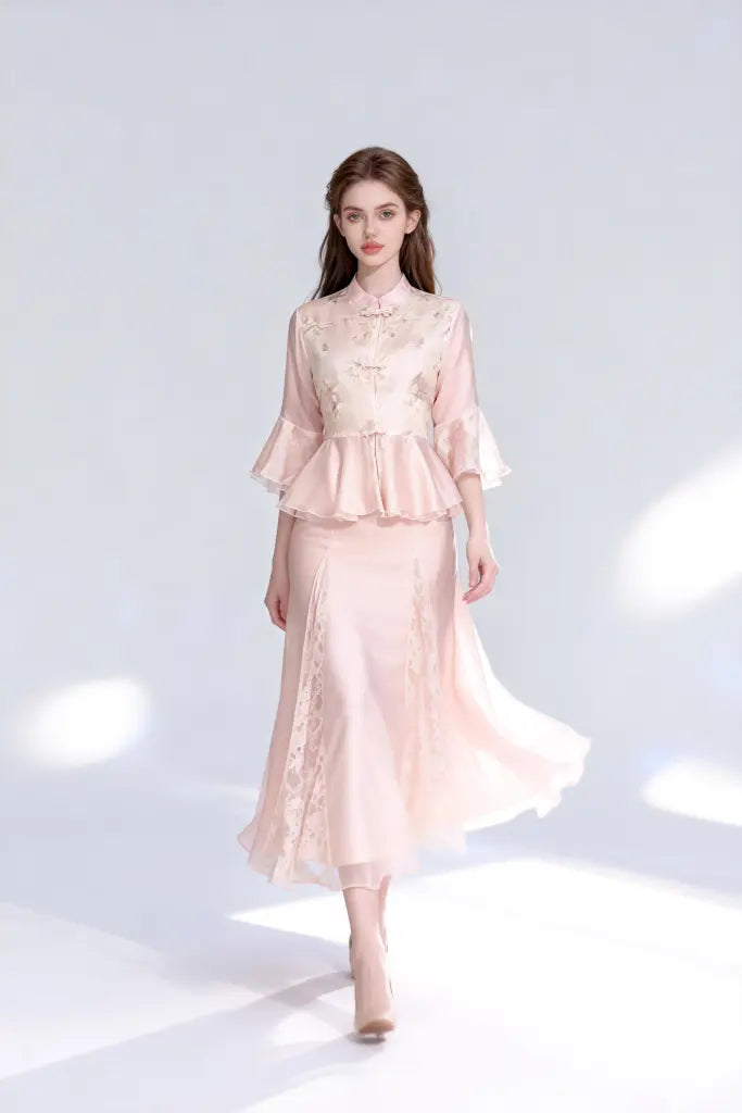 Woman Stand Collar Embroidered Ruffled Peplum Top with Lace Trimmed Skirt Set