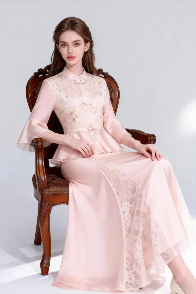 Woman Stand Collar Embroidered Ruffled Peplum Top with Lace Trimmed Skirt Set