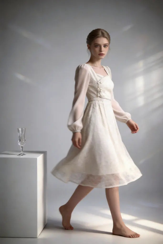 Women wearing a white elegant lace chiffon midi dress with square neck & puff sleeves against a gray background