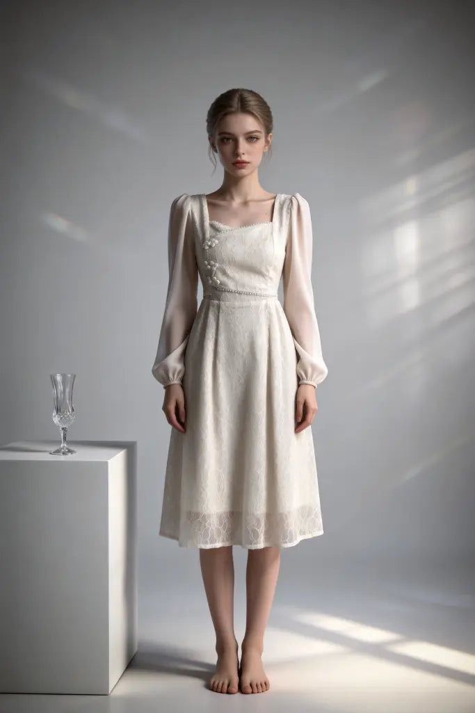 Women wearing a white elegant lace chiffon midi dress with square neck & puff sleeves against a gray background