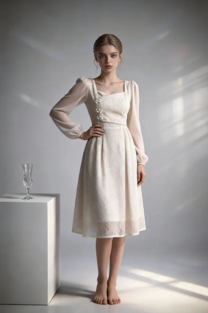 Women wearing a white elegant lace chiffon midi dress with square neck & puff sleeves against a gray background