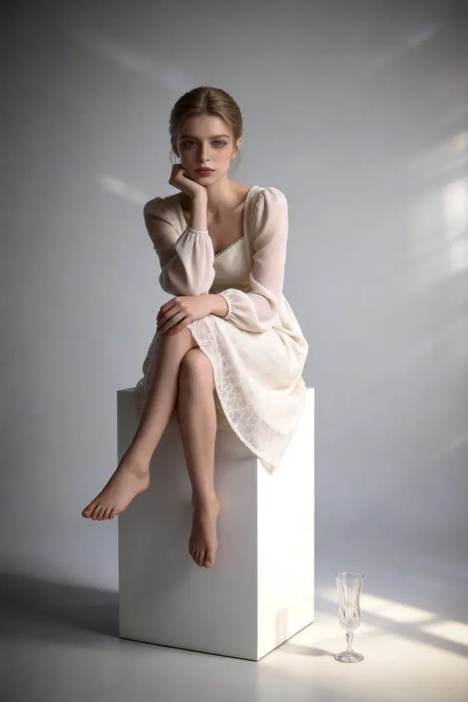 Women wearing a white elegant lace chiffon midi dress with square neck & puff sleeves against a gray background