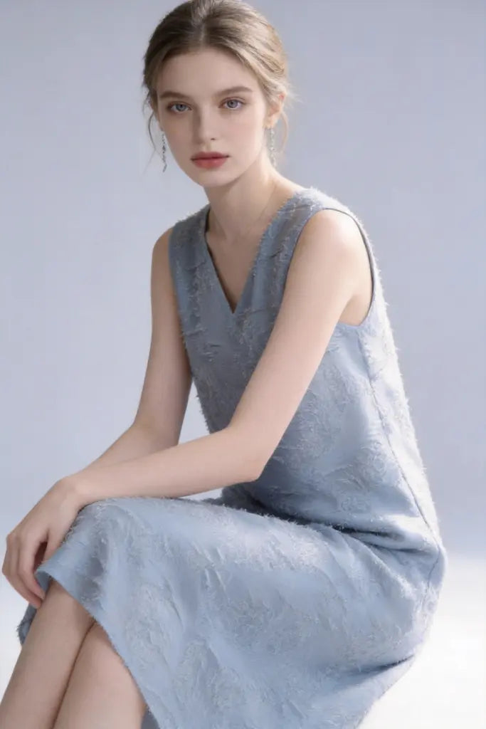 Textured V-Neck Sleeveless Midi Dress - Elegant Minimalist Style