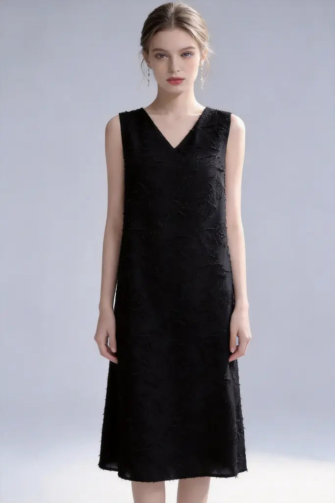 Textured V-Neck Sleeveless Midi Black Dress - Elegant Minimalist Style