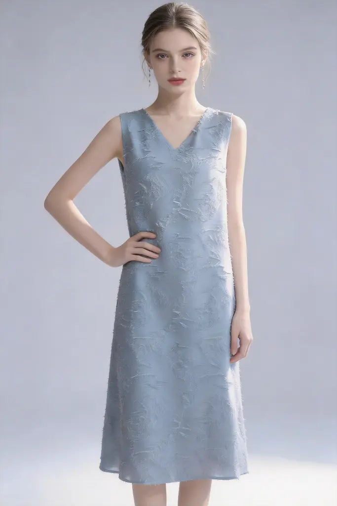 Textured V-Neck Sleeveless Midi Dress - Elegant Minimalist Style