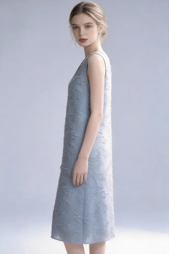 Textured V-Neck Sleeveless Midi Dress - Elegant Minimalist Style