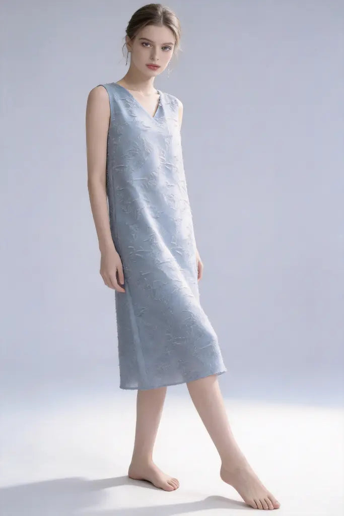 Textured V-Neck Sleeveless Midi Dress - Elegant Minimalist Style