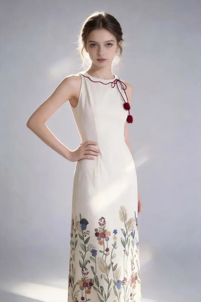 Woman wearing a elegant acrylic floral embroidered halter maxi white dress with tassel detail on a plain background
