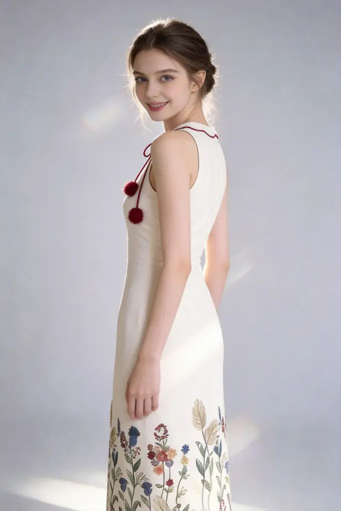 Woman wearing a elegant acrylic floral embroidered halter maxi white dress with tassel detail on a plain background
