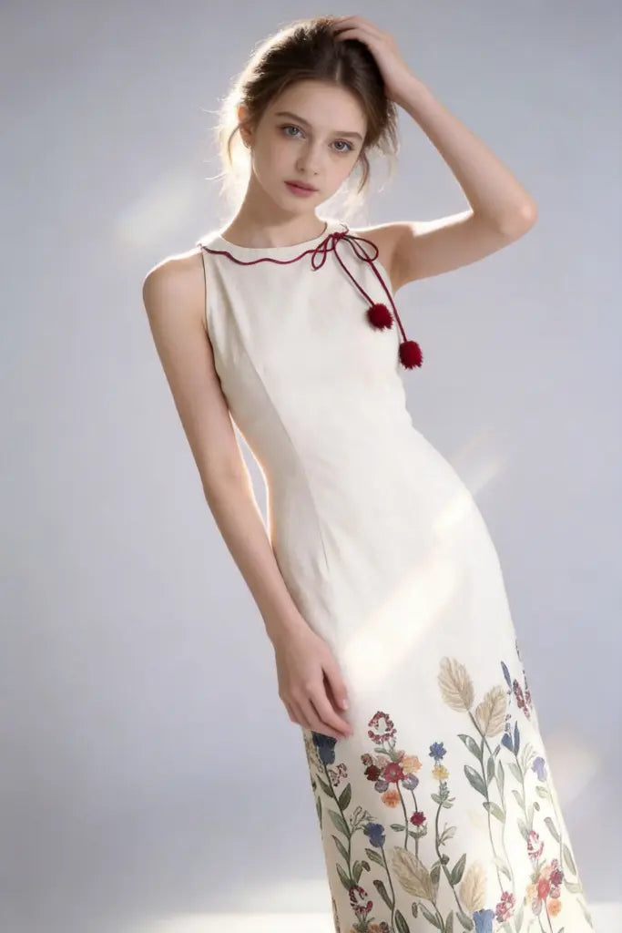 Woman wearing a elegant acrylic floral embroidered halter maxi white dress with tassel detail on a plain background