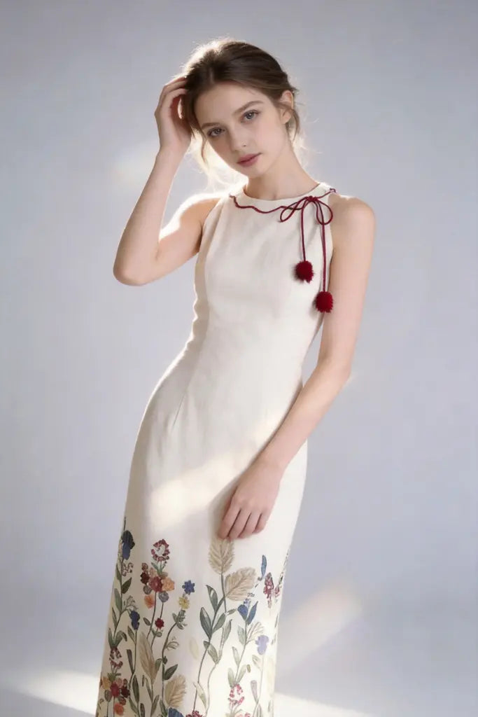 Woman wearing a elegant acrylic floral embroidered halter maxi white dress with tassel detail on a plain background