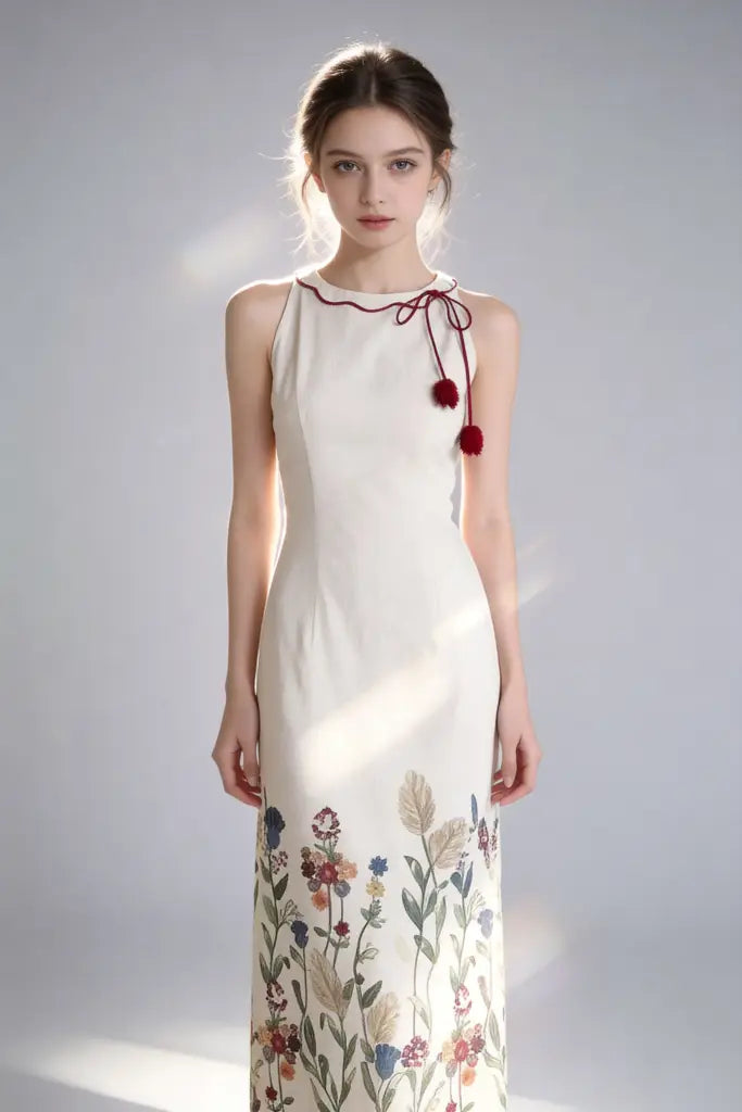 Woman wearing a elegant acrylic floral embroidered halter maxi white dress with tassel detail on a plain background