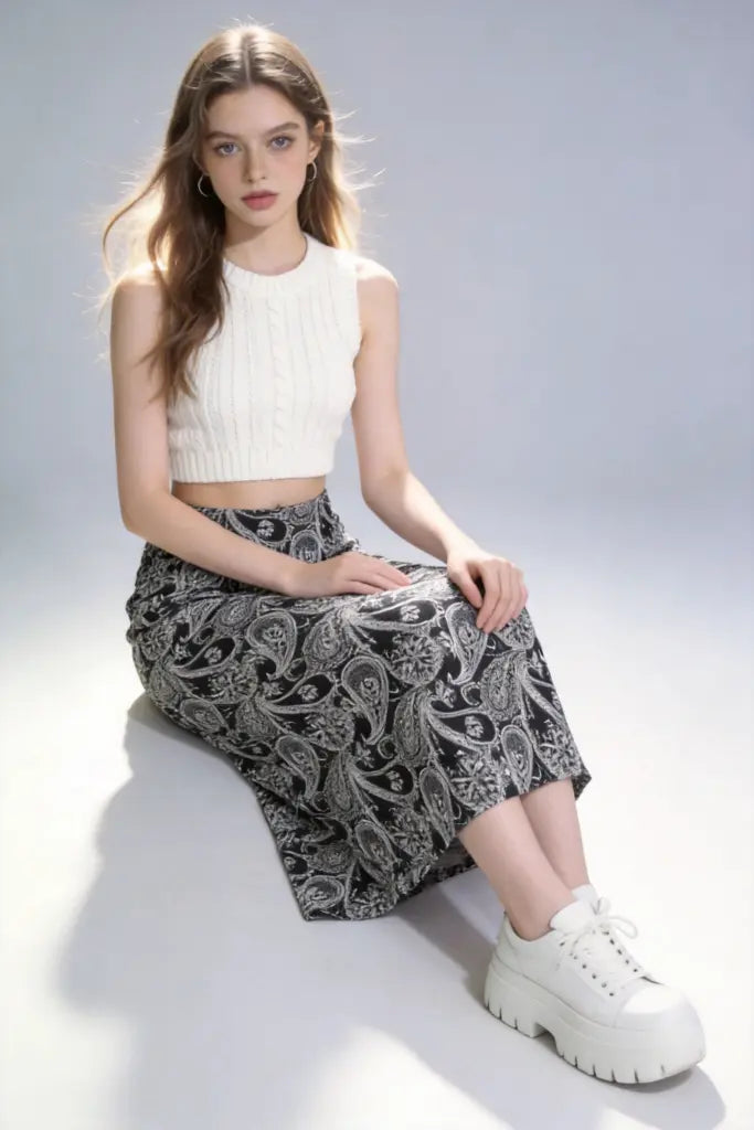 Paisley Print Midi Skirt with Back Slit - Elegant High-Waisted Office & Daily Wear