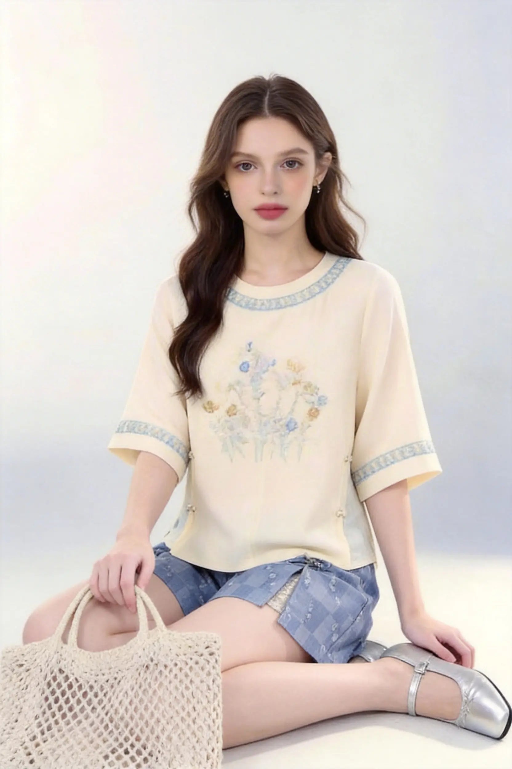 Woman wearing Vintage Floral Embroidered Top & Tie-Dye Shorts Two-Piece Set with a white background