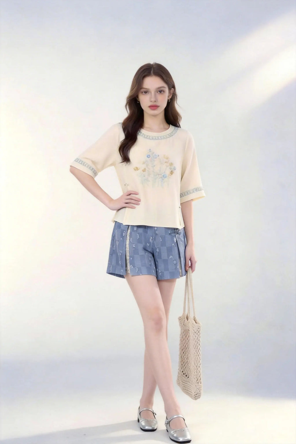 Woman wearing Vintage Floral Embroidered Top & Tie-Dye Shorts Two-Piece Set with a white background