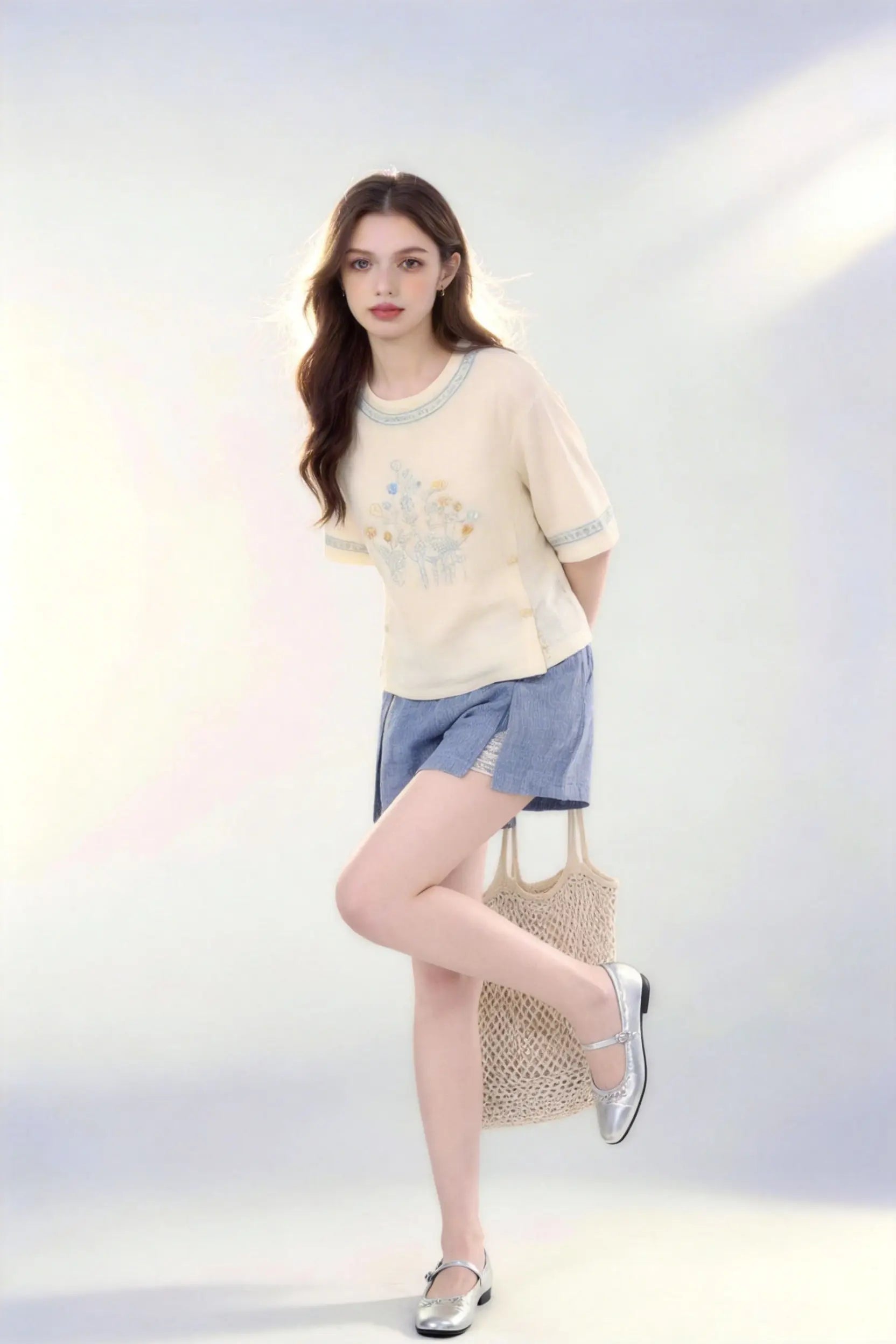 Woman wearing Vintage Floral Embroidered Top & Tie-Dye Shorts Two-Piece Set with a white background