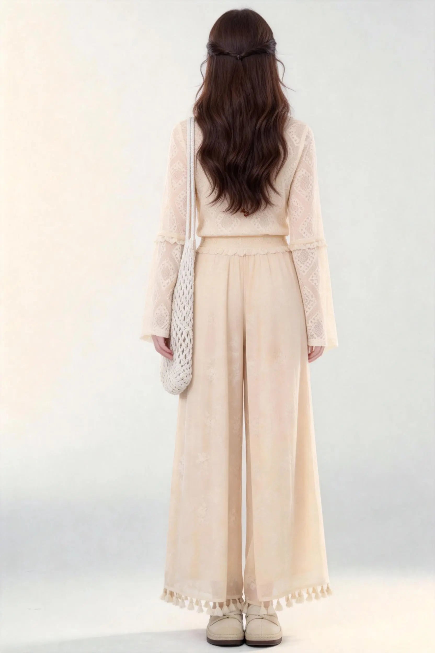 Woman in a beige Spring Summer New Ancient Style Hollow Lace Top High Waist Straight Wide Leg Pants Daily Versatile Two-Piece Set  against a white background