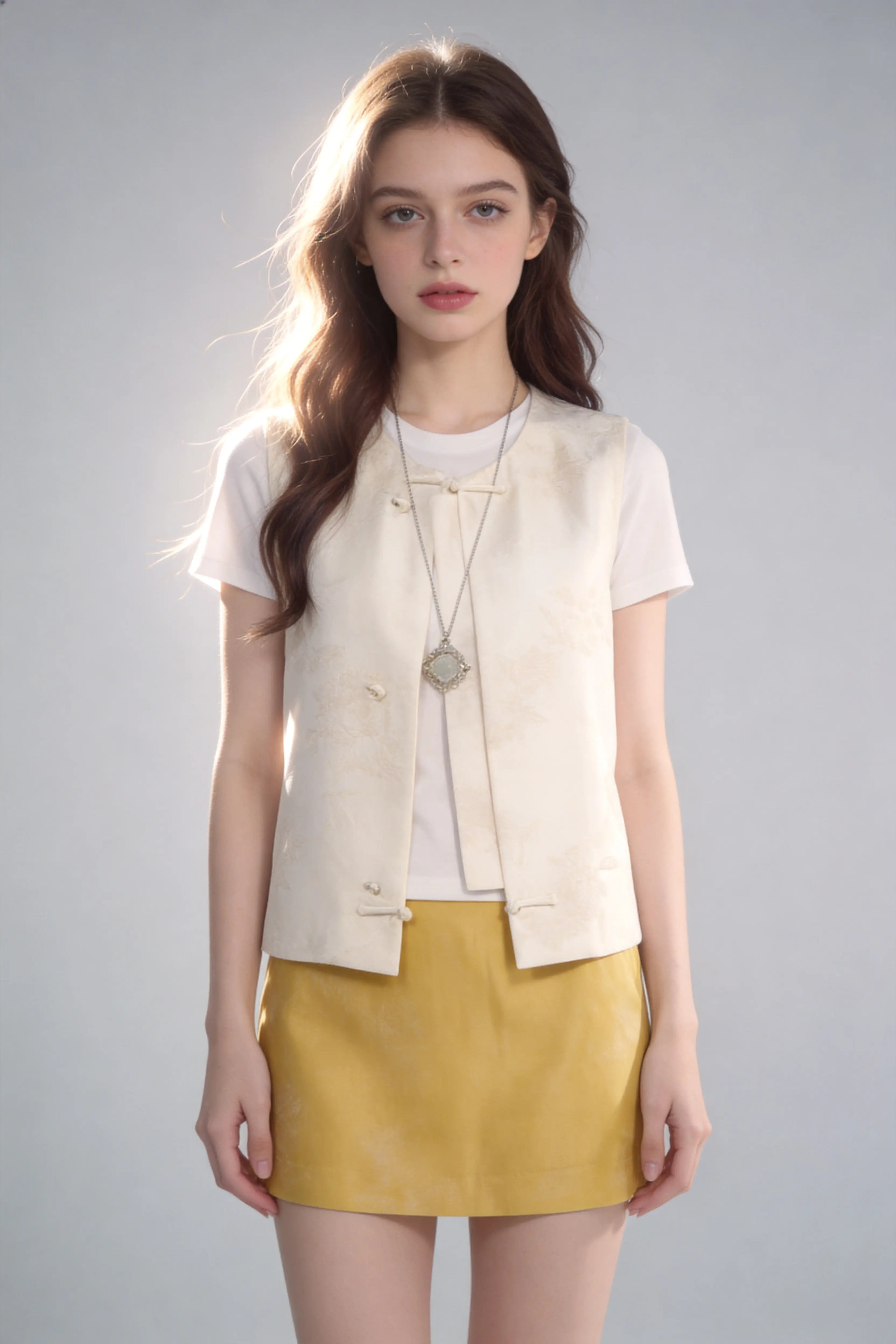 Woman wearing Chinese Style Linen Blend Vest + White Tee + Yellow Short 3-Piece Set on a gray background