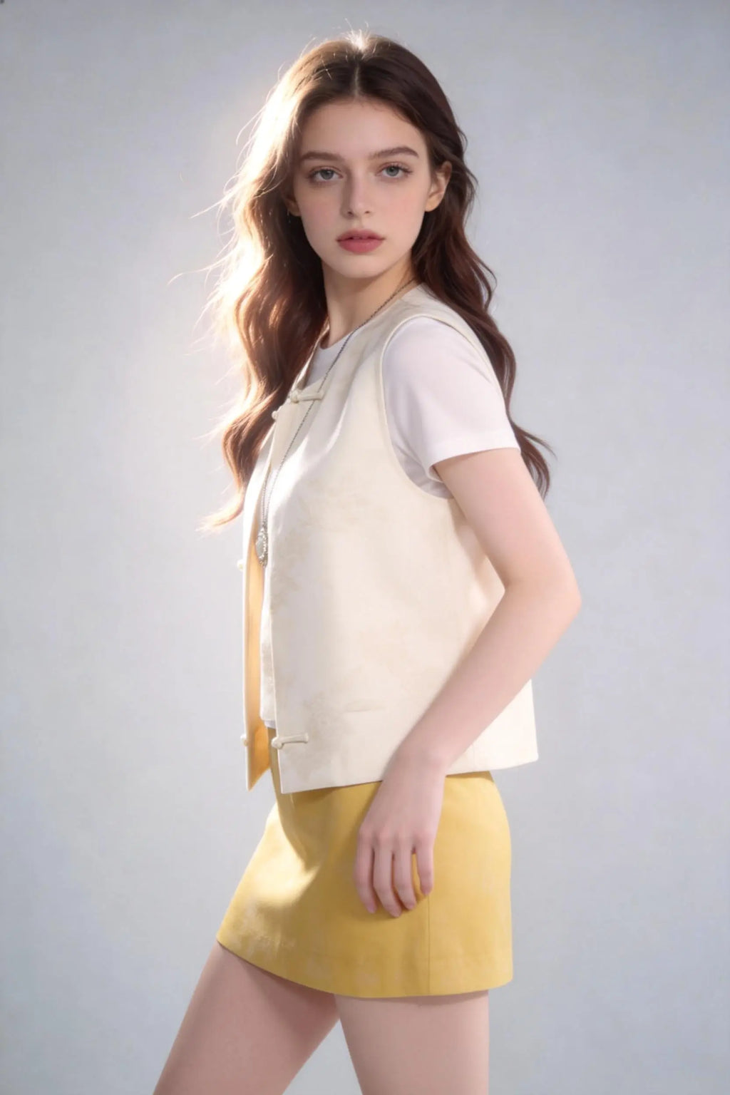 Woman wearing Chinese Style Linen Blend Vest + White Tee + Yellow Short 3-Piece Set on a gray background