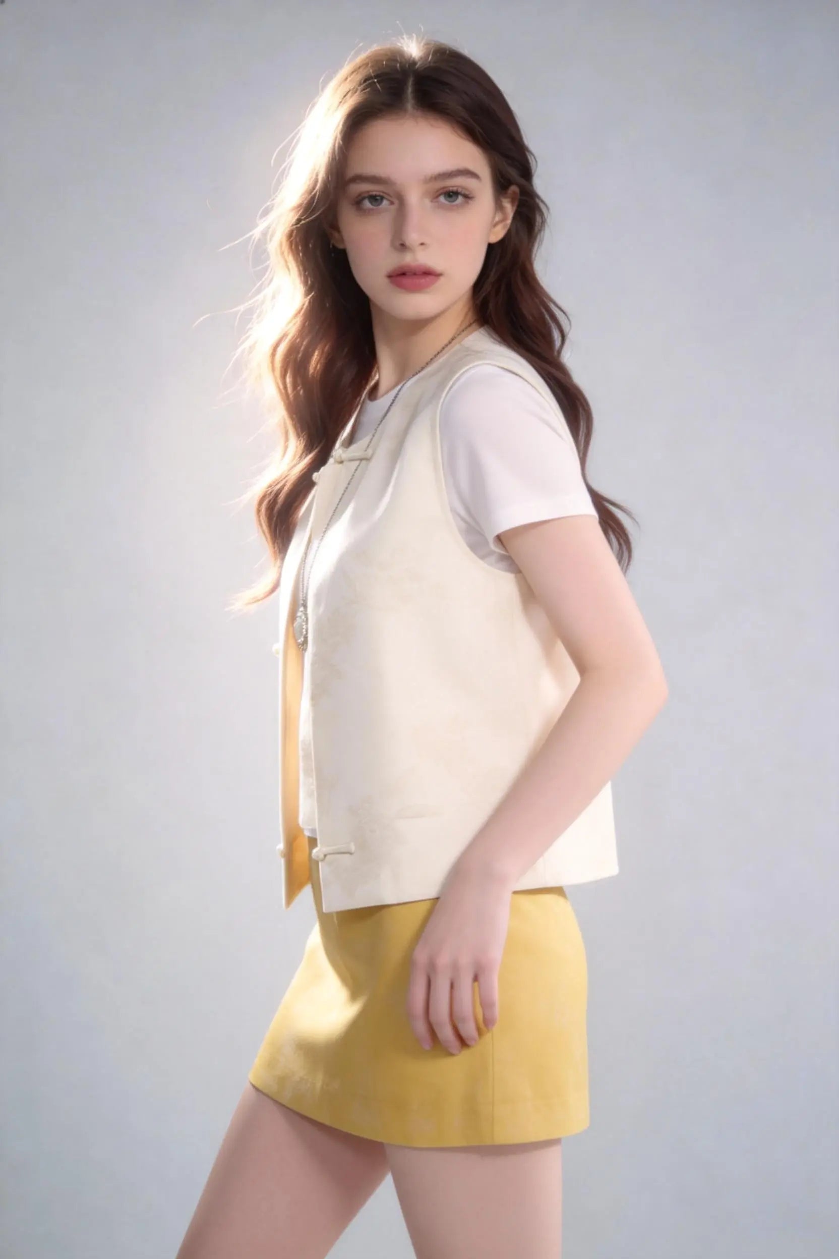 Woman wearing Chinese Style Linen Blend Vest + White Tee + Yellow Short 3-Piece Set on a gray background