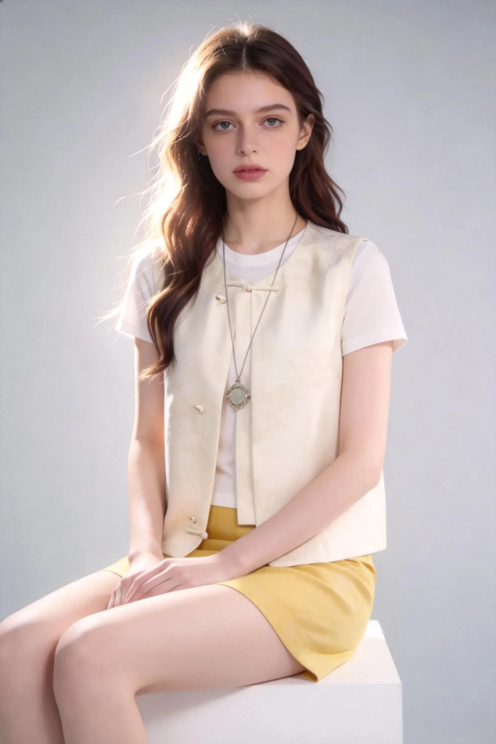 Woman wearing Chinese Style Linen Blend Vest + White Tee + Yellow Short 3-Piece Set on a gray background