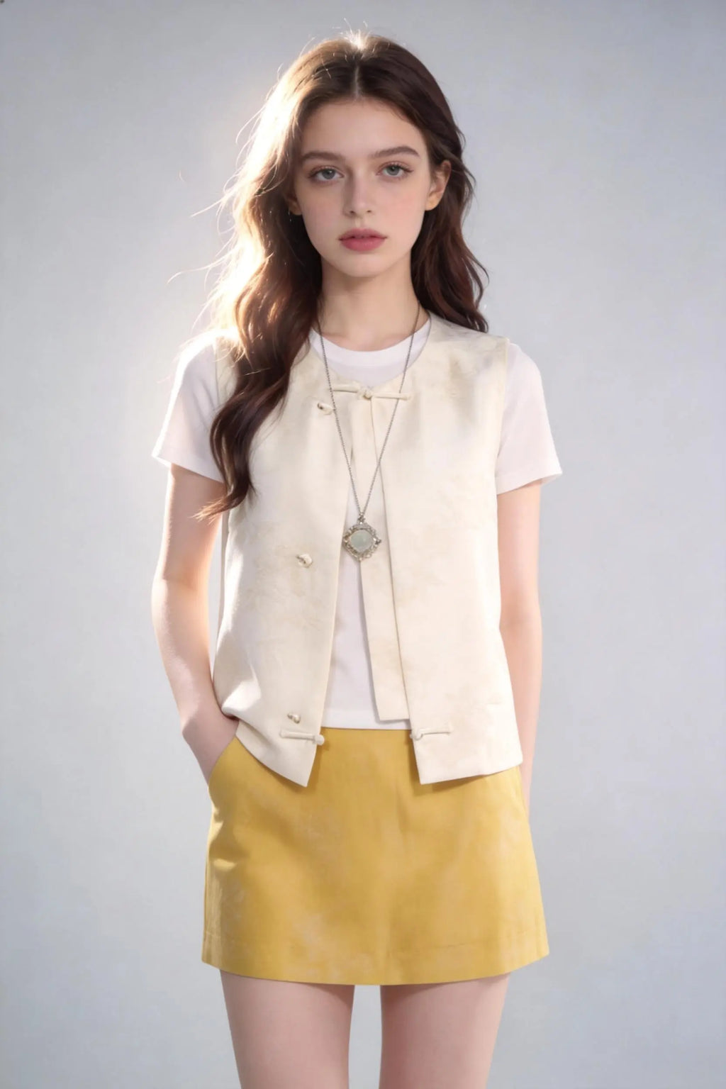 Woman wearing Chinese Style Linen Blend Vest + White Tee + Yellow Short 3-Piece Set on a gray background