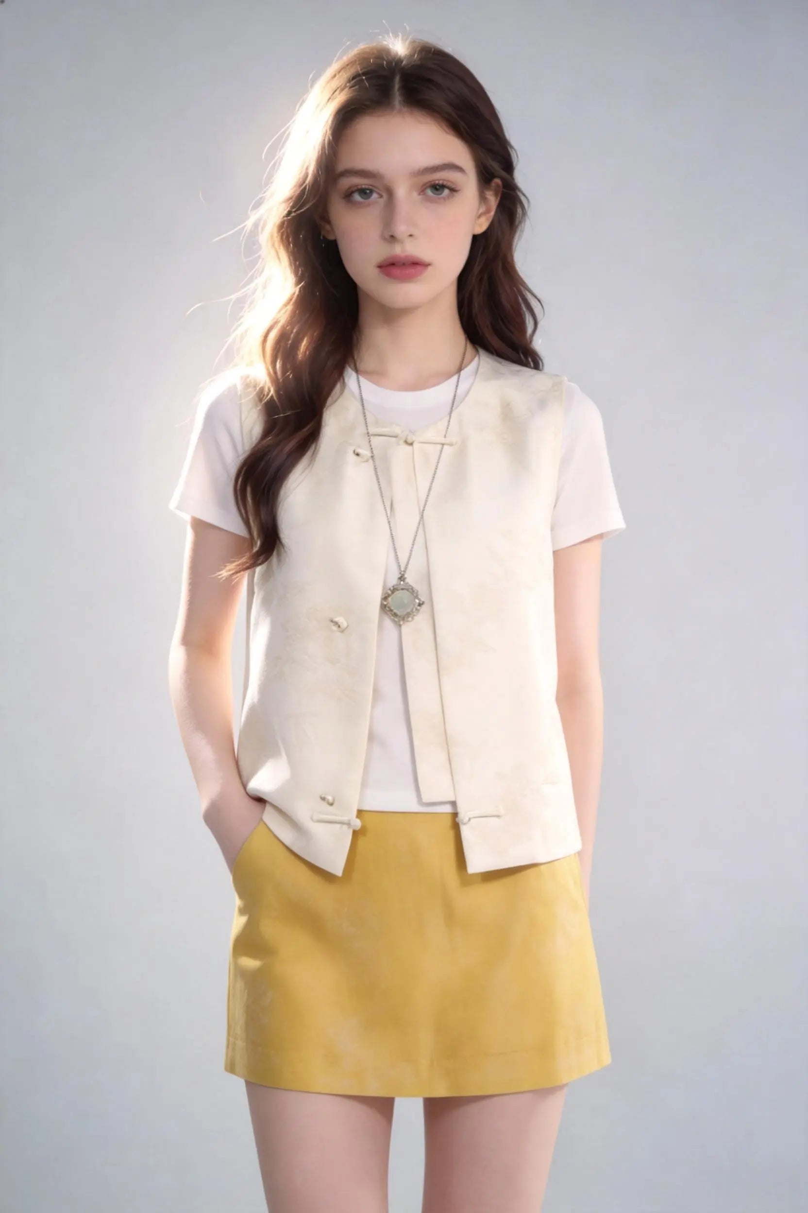 Woman wearing Chinese Style Linen Blend Vest + White Tee + Yellow Short 3-Piece Set on a gray background