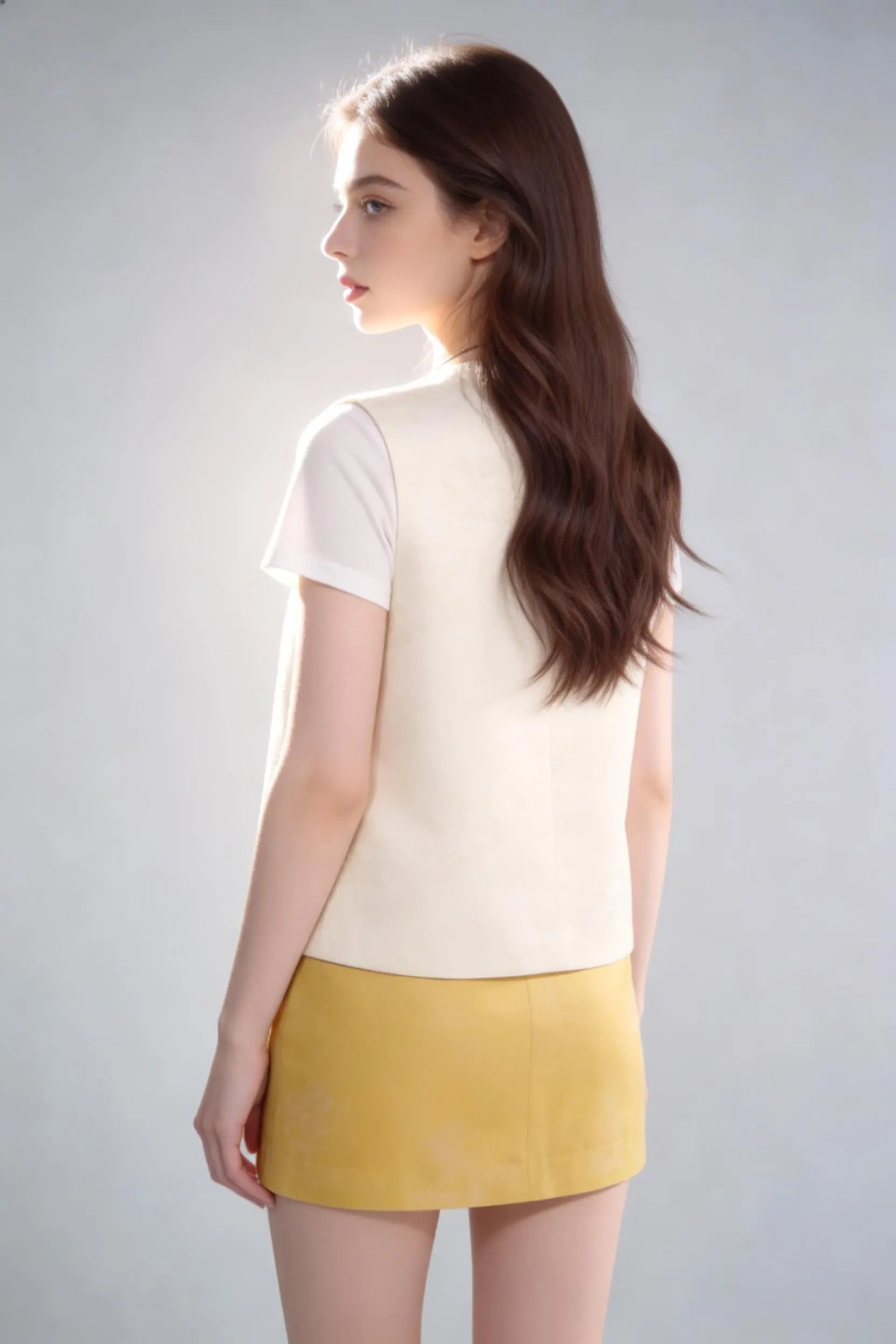 Woman wearing Chinese Style Linen Blend Vest + White Tee + Yellow Short 3-Piece Set on a gray background