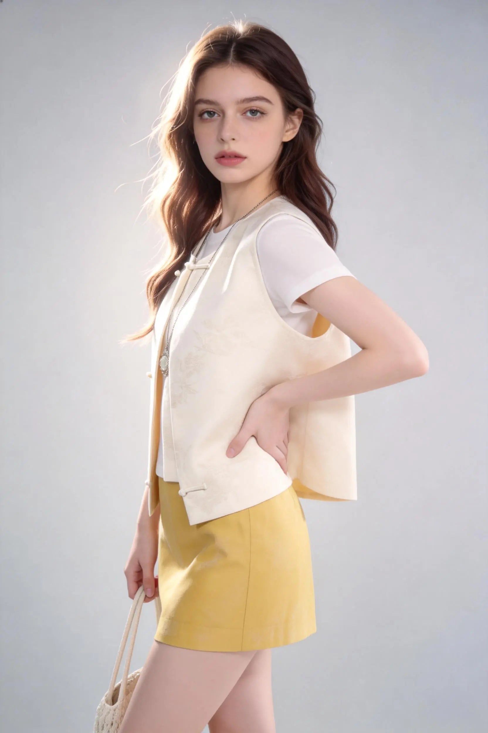 Woman wearing Chinese Style Linen Blend Vest + White Tee + Yellow Short 3-Piece Set on a gray background