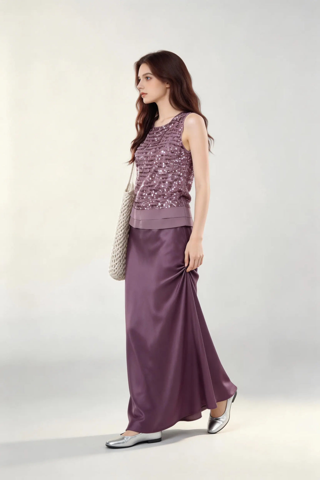 Mauve Sequin Sleeveless Top & Satin Maxi Skirt Set