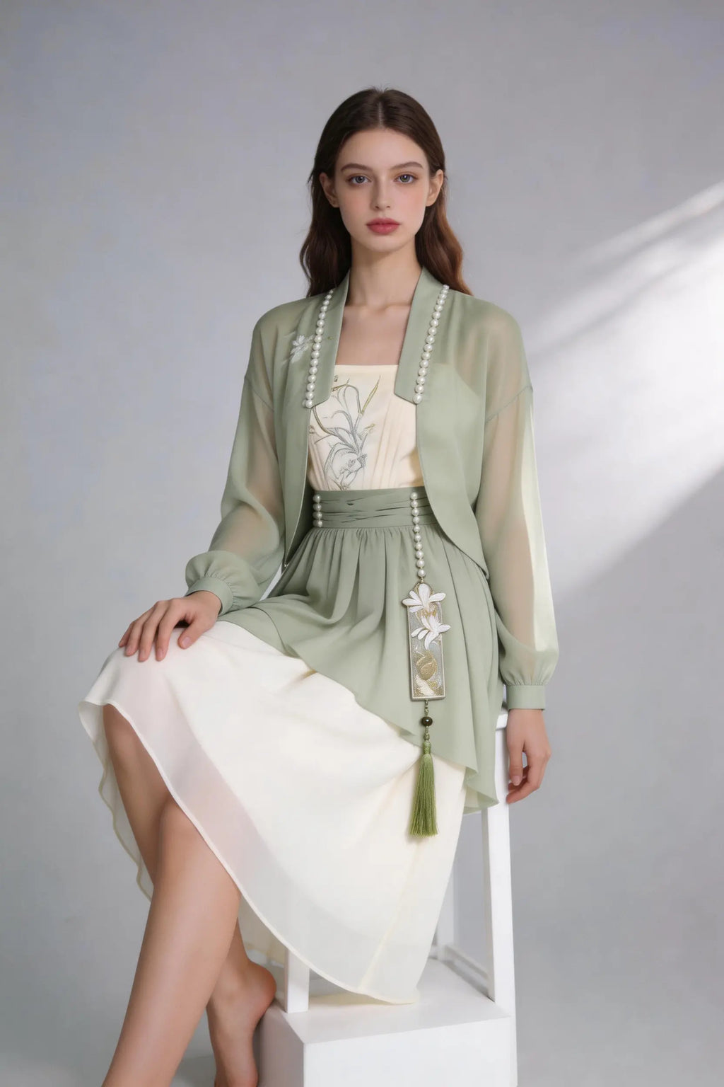 Woman wearing a Elegant Sage Green Chiffon Cardigan & Cream Dress Set - Modern Hanfu Inspired Two-Piece Outfit
 on a gray background