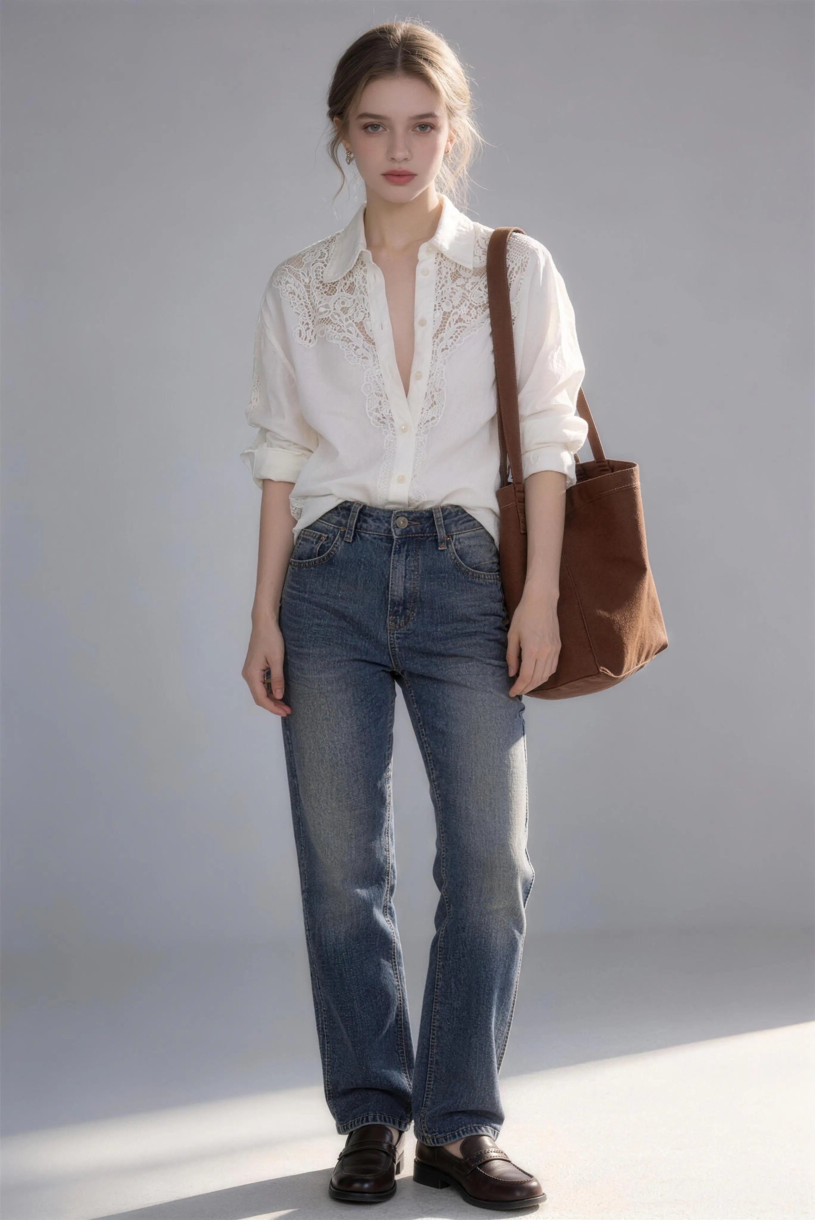 Woman wearing a white Vintage Lace-Trimmed Linen Blend Shirt - Elegant Long Sleeve Blouse, blue jeans, and carrying a brown bag on a plain background