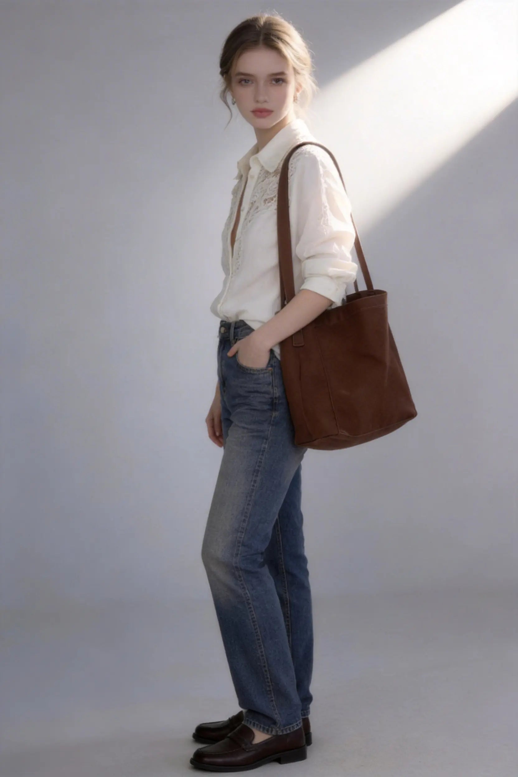 Woman wearing a white Vintage Lace-Trimmed Linen Blend Shirt - Elegant Long Sleeve Blouse, blue jeans, and carrying a brown bag on a plain background